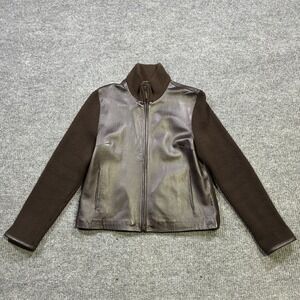 Marvin Richards Mens Leather Front Knit Jacket Size Medium Brown Full Zip